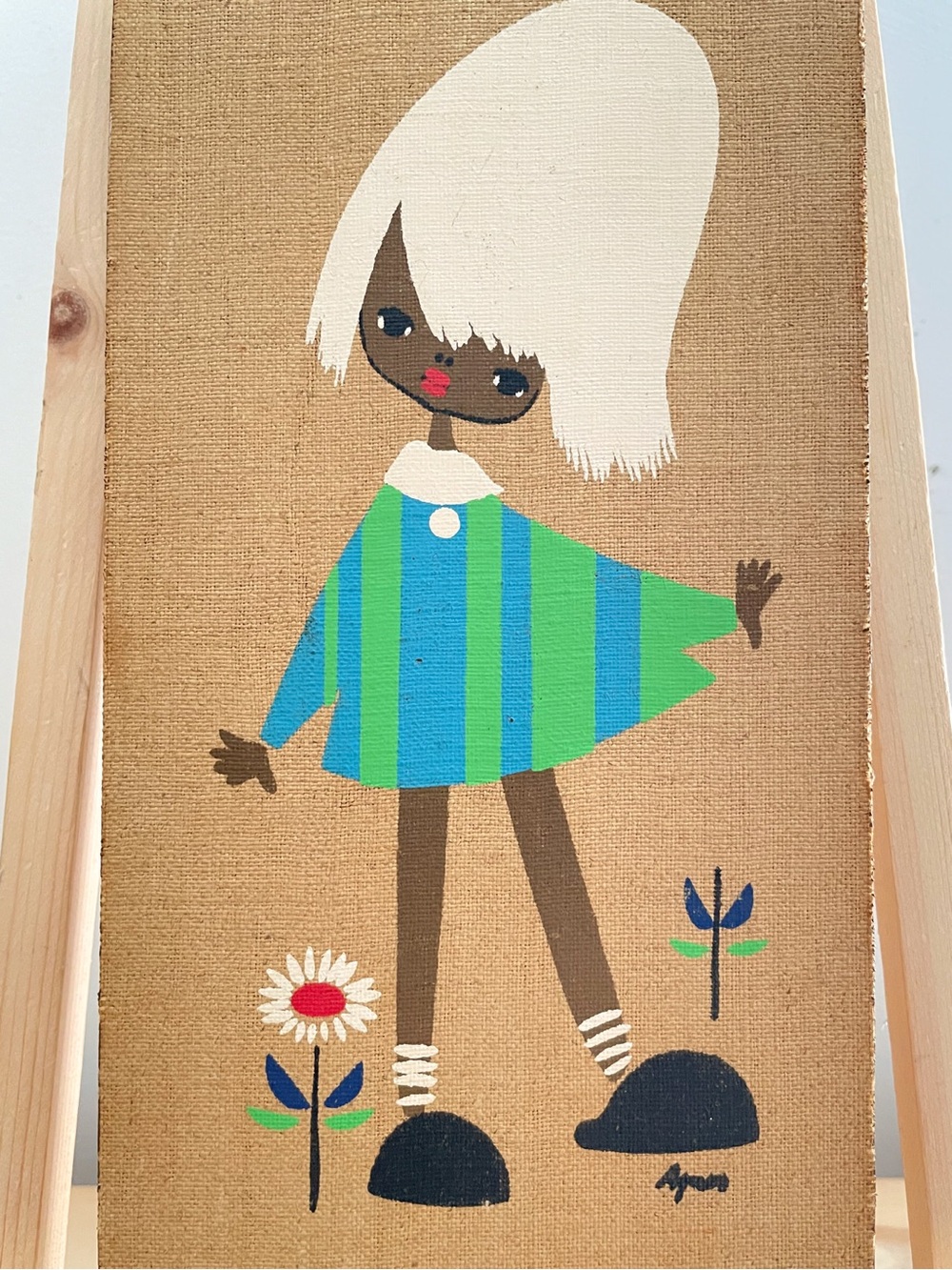 VTG Mid Century Agnes Burlap Wood Wall Art Plaque Panel MCM - Picture 8 of 15